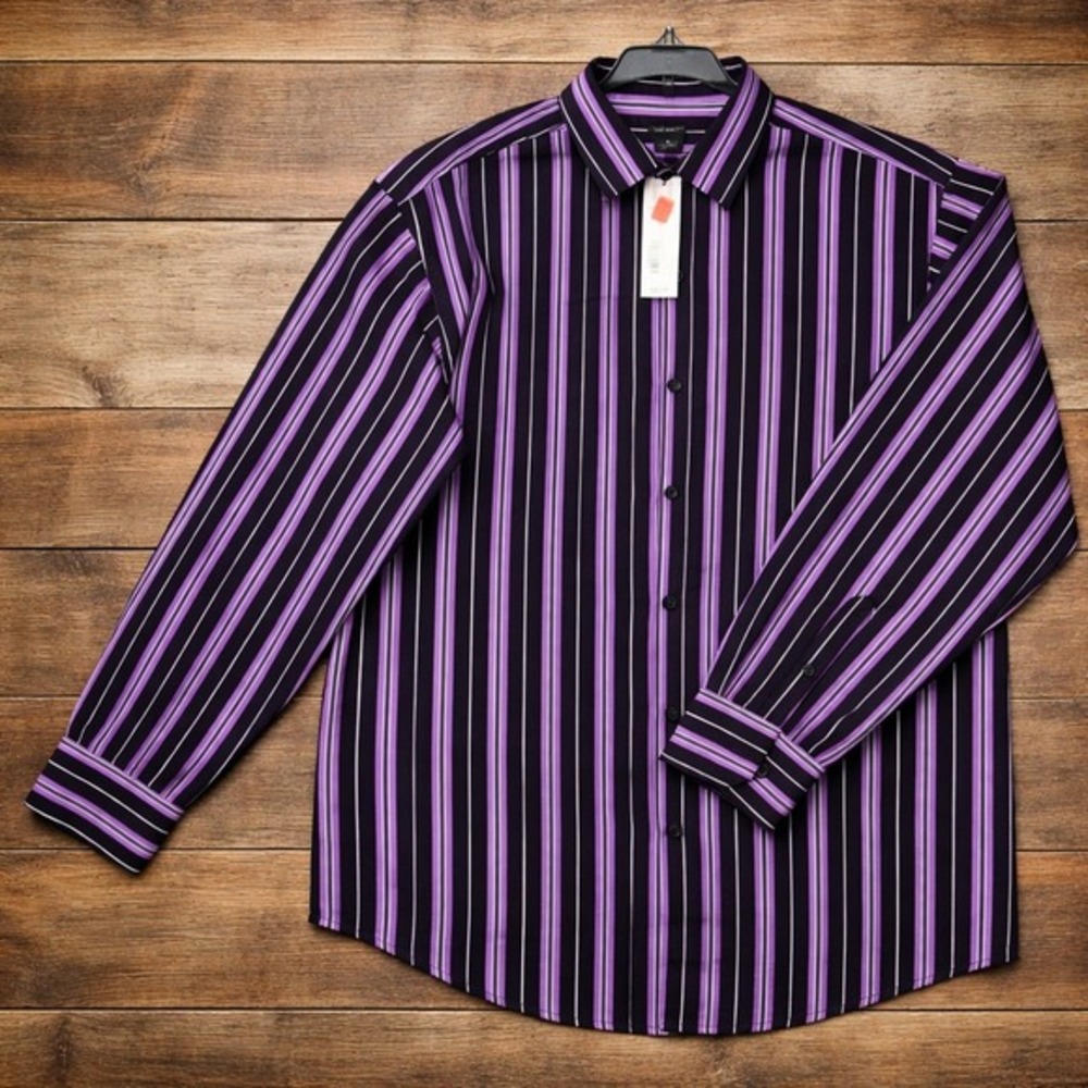 NEW Claiborne Mens L Black Granton Dress Shirt Purple Striped Long Sleeve Button